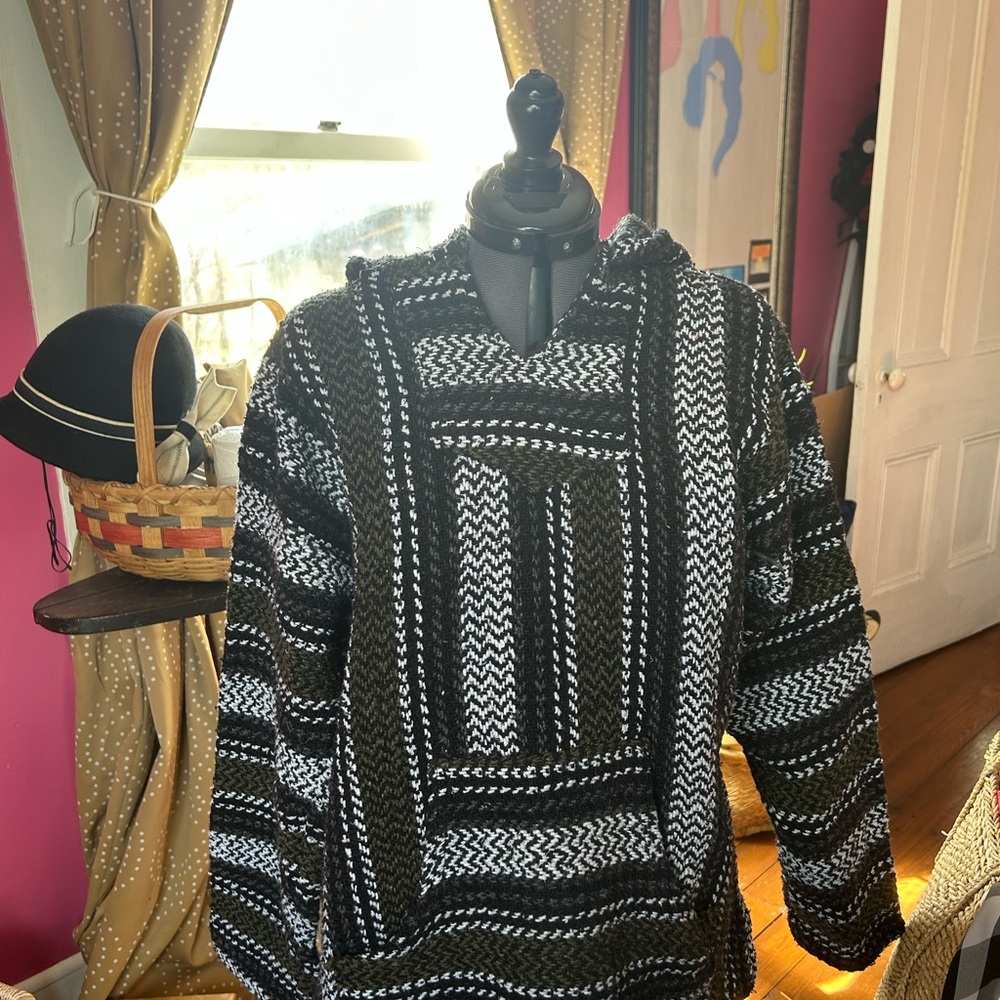 Vintage Black and White Striped Baja Joe Hoodie Sweater - Men's